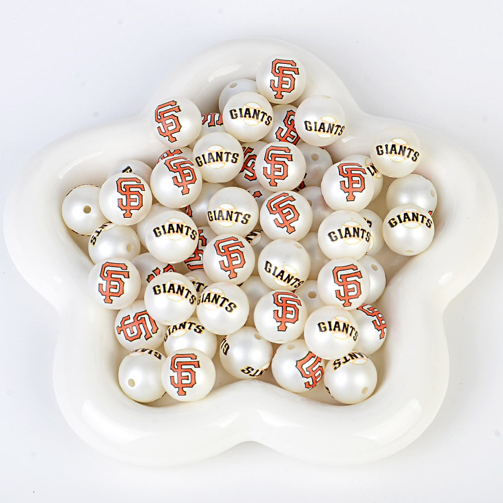 100Pcs 16mm frosted printing MLB baseball league round beads loose beads DIY bead pen car hanging baseball team accessories