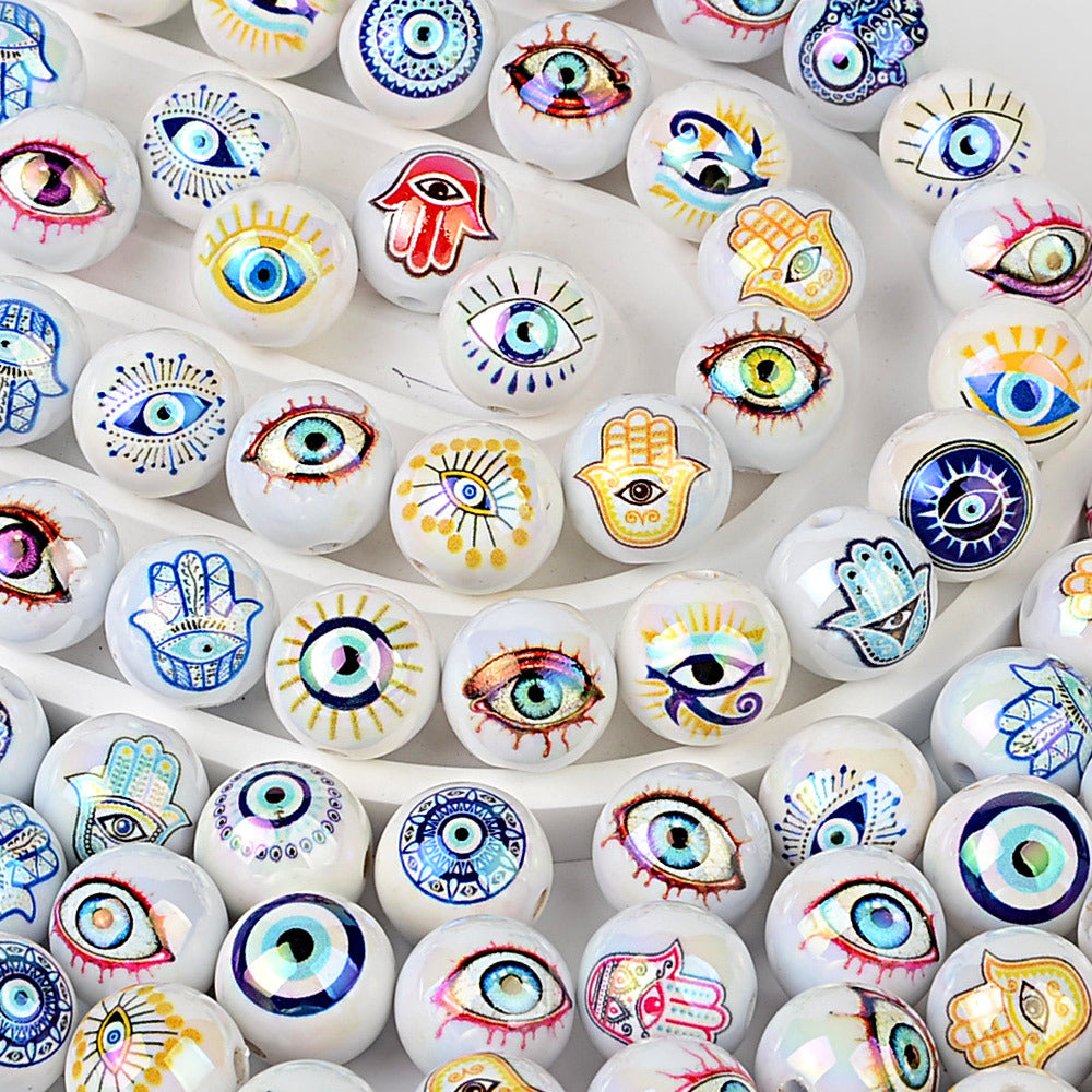100Pcs Turkish devil's eye + Hamsa hand straight hole round beads DIY mobile phone chain keychain jewelry accessories loose beads