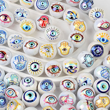 100Pcs Turkish devil's eye + Hamsa hand straight hole round beads DIY mobile phone chain keychain jewelry accessories loose beads