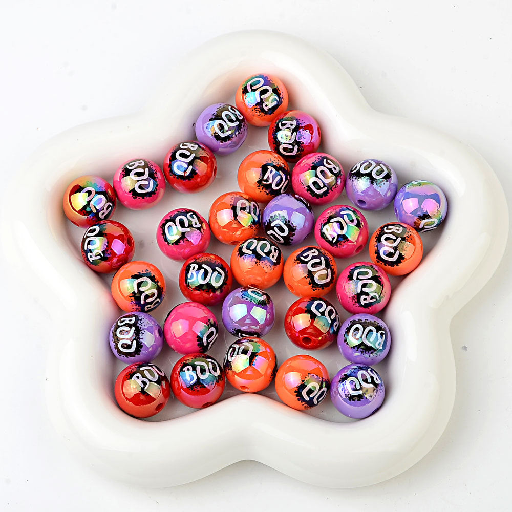 100Pcs 16mm Halloween BOO printed acrylic loose beads decorative round beads handmade DIY bead pen accessories