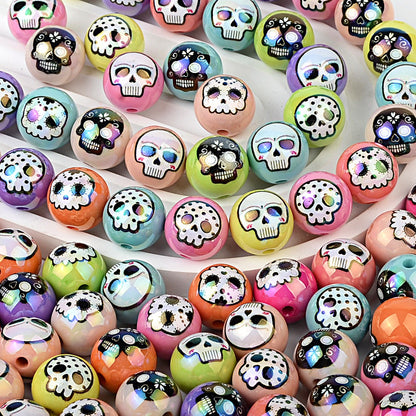 100Pcs 16mm double-sided printed skull through-hole loose beads can be handmade DIY material bracelet bracelet bead pen accessories