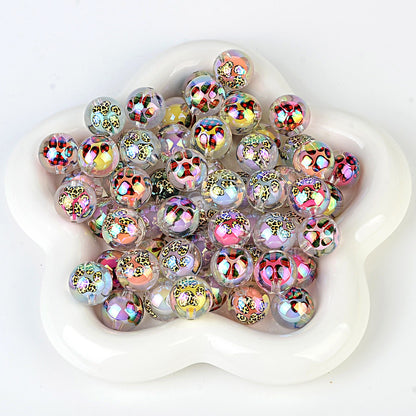 100Pcs 16mm acrylic plated uv leopard pattern plaid printing cat paw printing straight hole round beads DIY handmade loose beads jewelry accessories