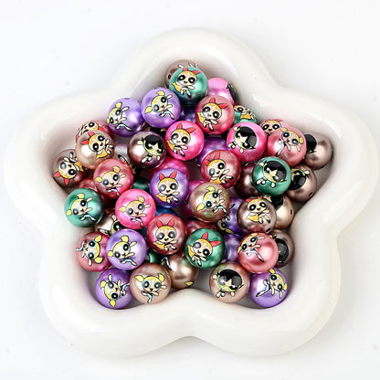 100Pcs acrylic printing cartoon flying police girl straight hole round beads DIY handmade jewelry accessories spot wholesale