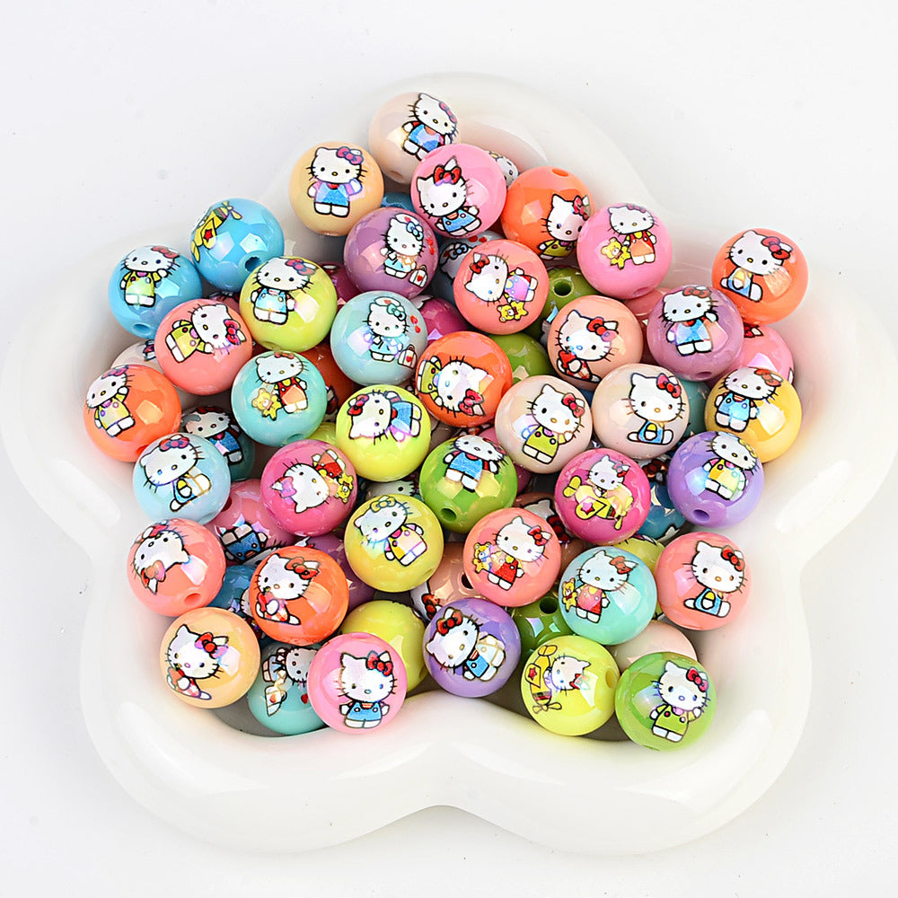 100Pcs printed Sanrio Hello Kitty hallo KT straight hole round beads DIY jewelry loose beads mobile phone chain bead pen accessories
