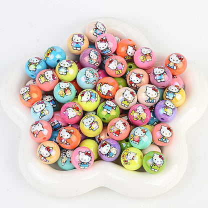 100Pcs printed Sanrio Hello Kitty hallo KT straight hole round beads DIY jewelry loose beads mobile phone chain bead pen accessories