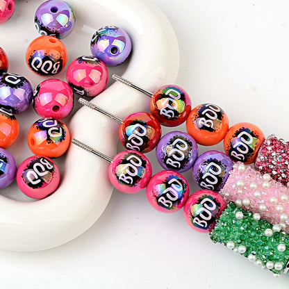 100Pcs 16mm Halloween BOO printed acrylic loose beads decorative round beads handmade DIY bead pen accessories