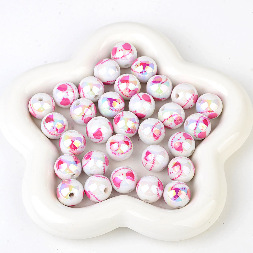 100Pcs acrylic plated UV printing Halloween grimace round beads DIY mobile phone chain keychain accessories bead pen decorative beads