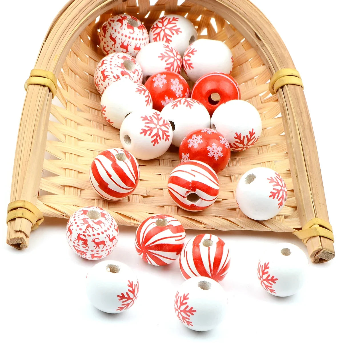 15pcs Christmas style round wooden bead， Fashion Large Hole Loosely spaced bead， for Gift Make DIY Necklace Bracelet Accessories