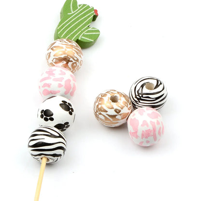 15pcs Hand painted various animal stripes wood beads Charm Large Hole Bead for Gift DIY Necklace Bracelet Jewelry Accessories