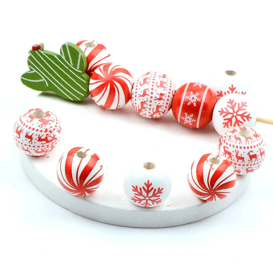 15pcs Christmas style round wooden bead， Fashion Large Hole Loosely spaced bead， for Gift Make DIY Necklace Bracelet Accessories