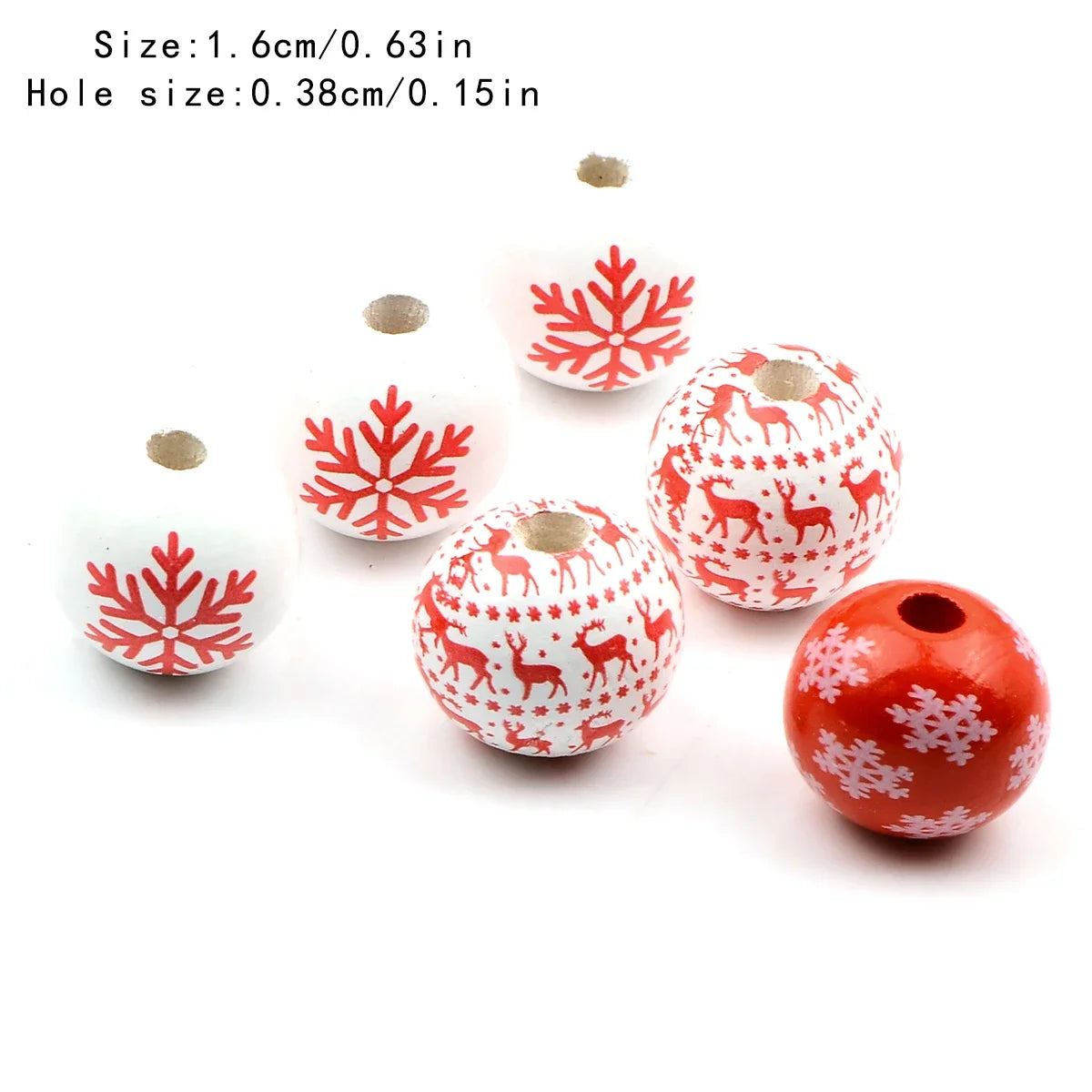 15pcs Christmas style round wooden bead， Fashion Large Hole Loosely spaced bead， for Gift Make DIY Necklace Bracelet Accessories