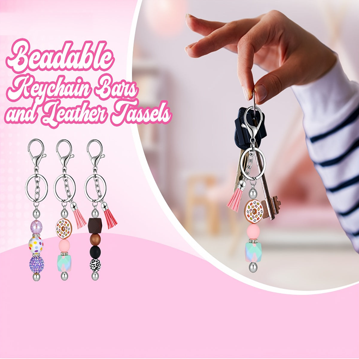 40pcs Beadable Keychains Bars Metal Beaded Keychain Blank Keychain Strips and Colorful Leather Keychain Tassel Loose for DIY Keychain Pendant Jewelry Crafts