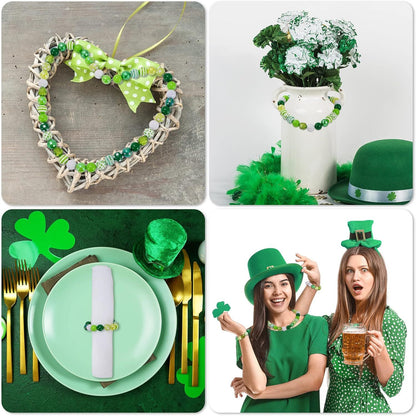 100pcs St. Patrick's Day Craft Beads Set - 20mm Glossy Green Shamrock & White Spacer Beads, Jumbo Plastic Bubblegum Beads with Clover Patterns for DIY Jewelry and Festive Crafts