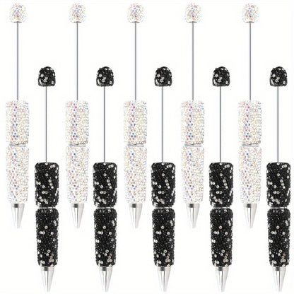 10pcs Glitter Beadable Pen Full Rhinestone Plastic Bead Ballpoint Pen Multicolor Fun Bling Retractable Beaded Writing Pen for DIY Craft Office Supplies