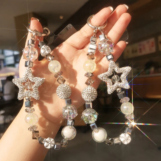 Mobile Phone Lanyard Short Pentagram Wrist Chain Full of Diamonds Luxury Crystal Beads Lanyard Mobile Phone Case Anti Loss Sling